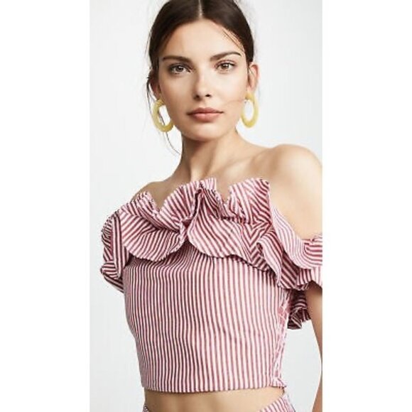 SMALL EUC Wayf Anzio Off Shoulder Red White Stripe Ruffle Crop Top - Picture 1 of 12